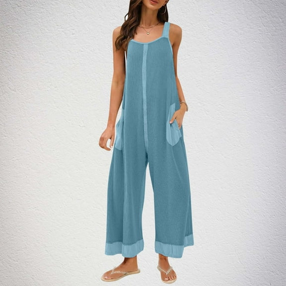 BRGZLK Jumpsuits for Women Fashion Solid Color Loose Adjustable Sleeveless Waffle Overalls Wide Leg Long With Pockets Light Blue XXL