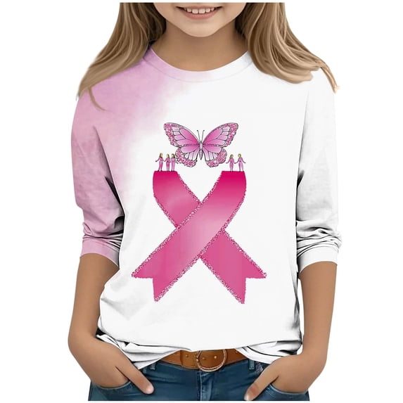 BRGZLK Kids 3/4 Sleeve Breast Cancer Shirts cute Pink Ribbon Print Pattern Round Neck Basics Pullover Top for Girls Pink 7-8 Years