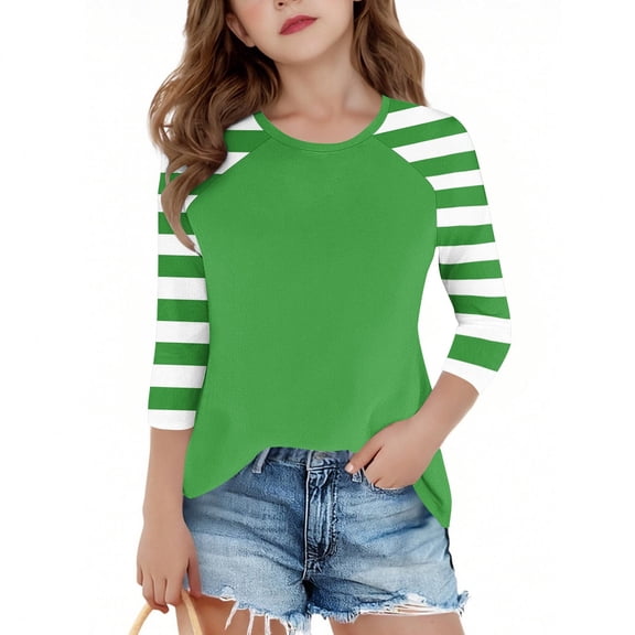 BRGZLK Kids 3/4 Sleeve Top Boys Girls Trendy Striped Printed Raglan Sleeves Tees Loose Casual Round Neck T-Shirt Green 4-5 Years