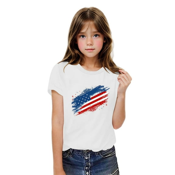 BRGZLK Kids 4Th Of July Tops Boys Girls Independence Day Flag Printed Round Neck Tees Toddler Summer Casual Short Sleeved Cotton T-Shirts White 7-8 Years