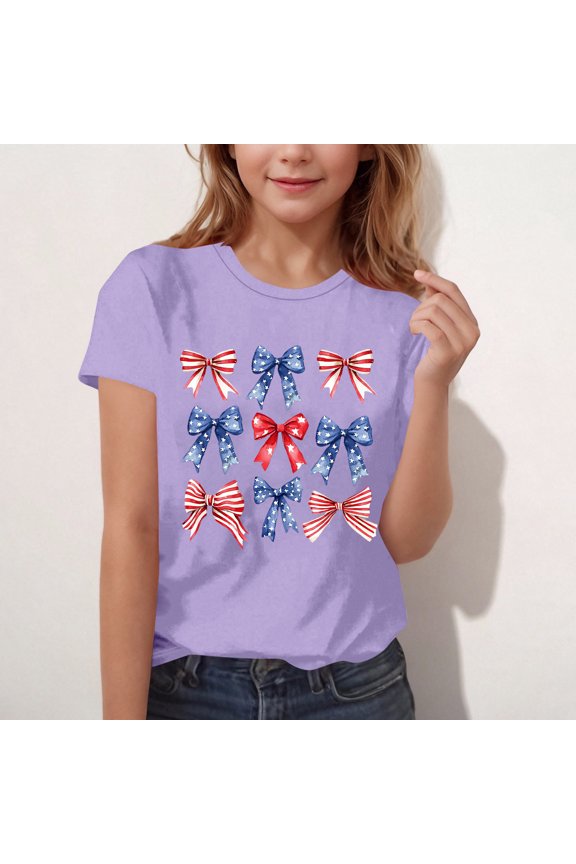 Kids 4Th Of July T-Shirt Childrens Summer Independence Day Printed Pattern Shirt Loose Casual Short Sleeve Round Neck Top Purple 13-14 Years