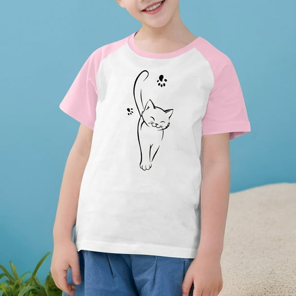BRGZLK Kids Boys Girls Fashion T Shirts Lovely Cartoon Cat Graphic Print Raglan Sleeve Casual Loose Crewneck Short Sleeve Top Pink 5-6 Years