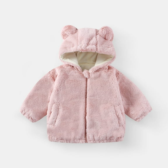 BRGZLK Kids Boys Girls Fleece Hooded Jacket with Ears Toddler Winter Cute Solid Color Zipper Long Sleeve Thick Warm Fuzzy Coat with Pocket Pink 2-3 Years