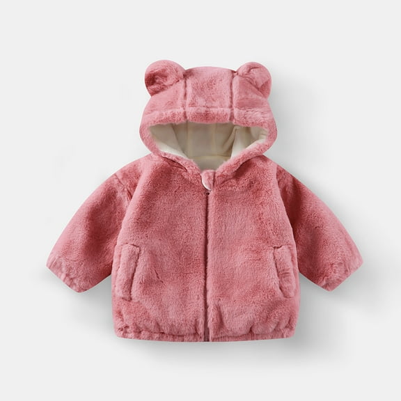 BRGZLK Kids Boys Girls Fleece Hooded Jacket with Ears Toddler Winter Cute Solid Color Zipper Long Sleeve Thick Warm Fuzzy Coat with Pocket Watermelon Red 3-4 Years