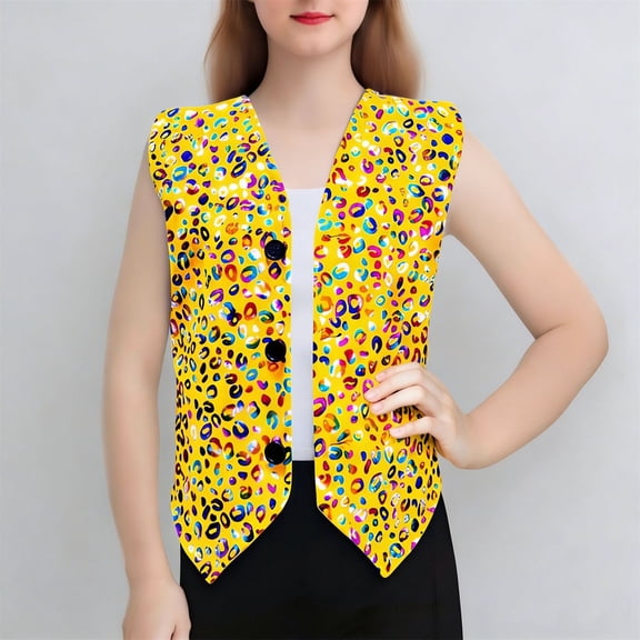 BRGZLK Kids Boys Girls Sequin Leopard Vest Jacket Summer Trendy Buttons Down Cardigan Sleeveless Loose Fit Tee Shirts, Performance Dancewear Gold 13-14 Years