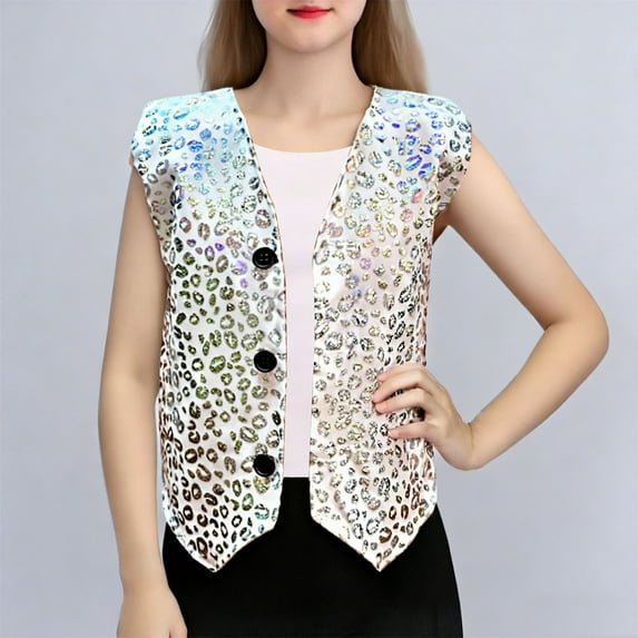 BRGZLK Kids Boys Girls Sequin Leopard Vest Jacket Summer Trendy Buttons Down Cardigan Sleeveless Loose Fit Tee Shirts, Performance Dancewear White 4-5 Years
