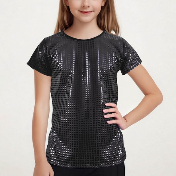 BRGZLK Kids Boys Girls Sparkly T-Shirt Solid Color Round Neck Laser Shiny Dot Summer Elastic Short Sleeve Tops Hip Hop Performance Costume Black 15-16 Years