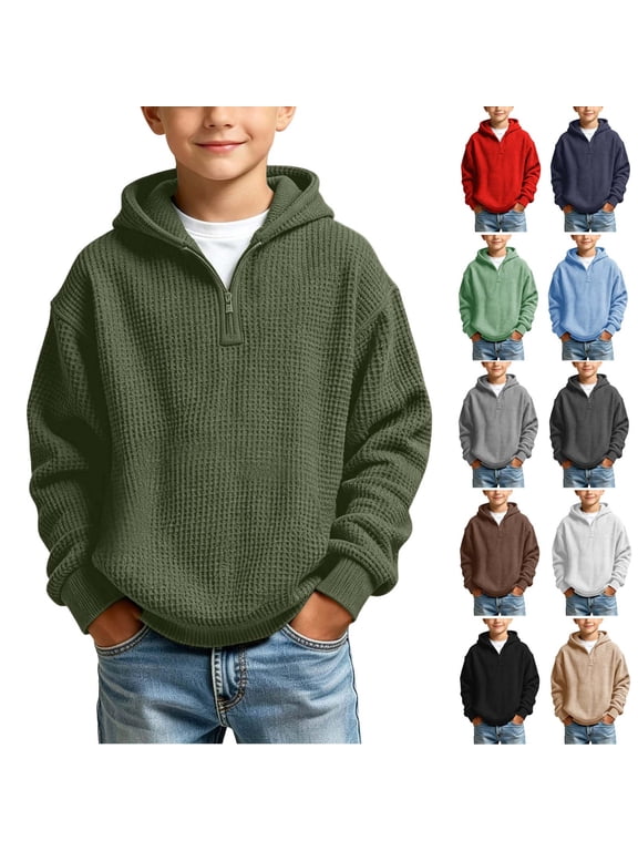Kids Boys Hoodies Sweatshirts Quarter Zip Waffle Knit Soft Comfort Pullover Hooded Sweatshirt Tops Lightweight Long Sleeve Fall Winter Casual Clothes Army Green 3-4 Years