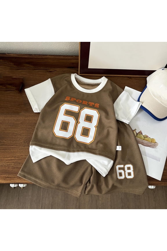 Kids Boys Outfits Summer Casual Outing Sport Set Loose Fake Two-Piece Graphic Number Short Sleeve Color Block Top Shirt and Shorts Breathable Comfy Set Coffee 5-6 Years