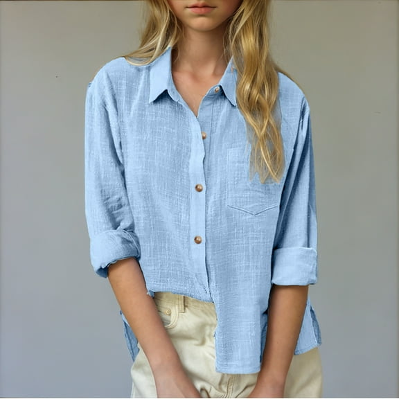 BRGZLK Kids Button Down Shirts Girls Cute Solid Cotton Linen Long Sleeve Dress Shirts Casual Comfortable tees with Pockets Blue 7-8 Years