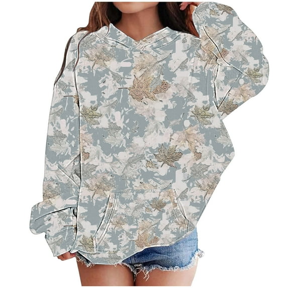 BRGZLK Kids Camo Hoodie Boys and Girls Maple Leaf Print Pullover Tops Oversized Casual Long Sleeved Drawstring Hooded Sweatshirt with Pockets Blue 11-12 Years