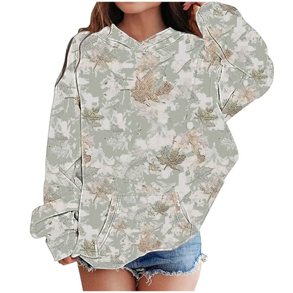 BRGZLK Kids Camo Hoodie Boys and Girls Maple Leaf Print Pullover Tops Oversized Casual Long Sleeved Drawstring Hooded Sweatshirt with Pockets Green 13-14 Years