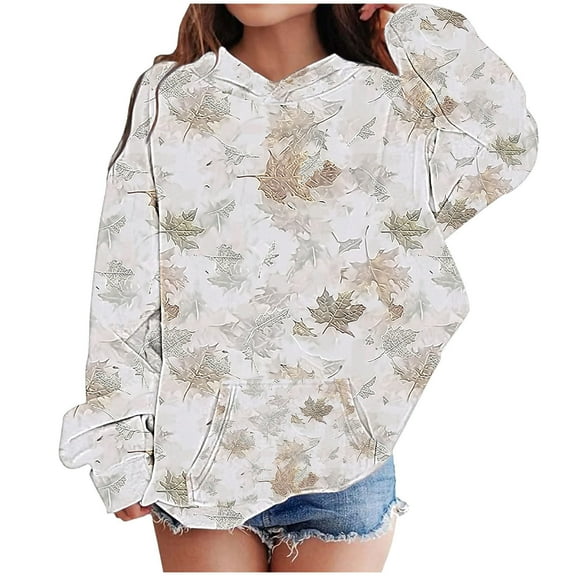 BRGZLK Kids Camo Hoodie Boys and Girls Maple Leaf Print Pullover Tops Oversized Casual Long Sleeved Drawstring Hooded Sweatshirt with Pockets White 9-10 Years