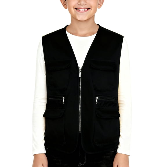 BRGZLK Kids Cargo Vest Solid Color Zip Up Spring Autumn Travel Multi Pocket Unisex Outer Wear Lightweight Utility Volunteer Vest Top Black 11-12 Years