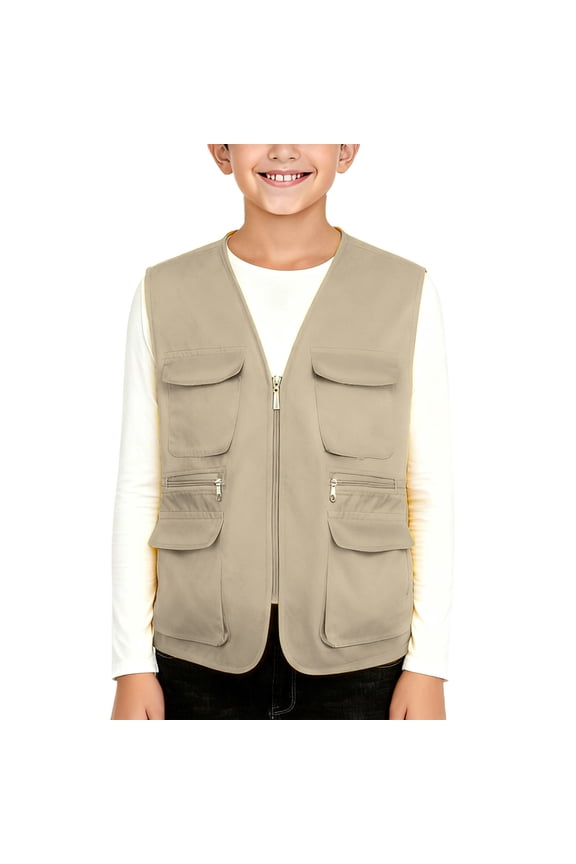 Kids Cargo Vest Solid Color Zip Up Spring Autumn Travel Multi Pocket Unisex Outer Wear Lightweight Utility Volunteer Vest Top Khaki 11-12 Years