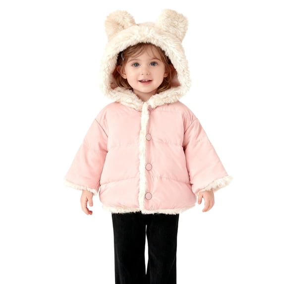 BRGZLK Kids Coat Fall Winter Long Sleeved Cute Bear Shaped Hat Thickened Padded Button Up Casual Cozy Jacket for Girls Pink 6-8 Months