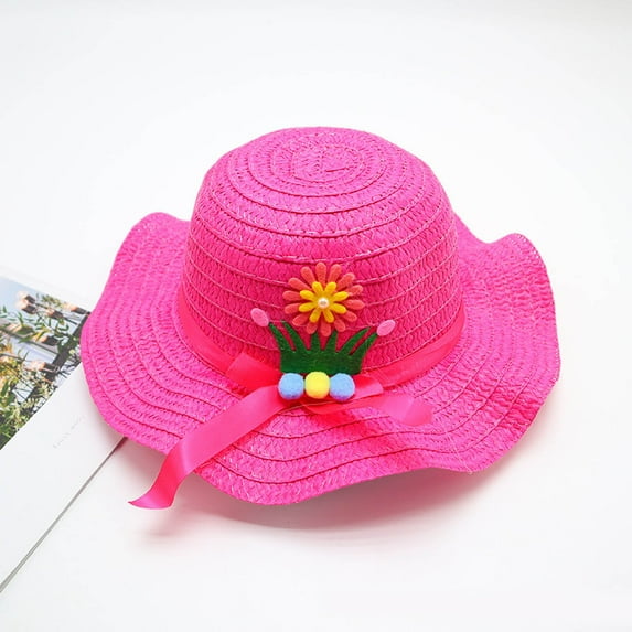 BRGZLK Kids Cute Straw Hat Summer Foldable Large Brim Solid Color Bowknot Sun Protection Beach Hat for Boys Girls for 3-7 Years Hot Pink Free Size