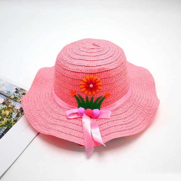BRGZLK Kids Cute Straw Hat Summer Foldable Large Brim Solid Color Bowknot Sun Protection Beach Hat for Boys Girls for 3-7 Years Pink Free Size