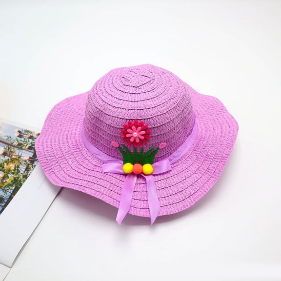 BRGZLK Kids Cute Straw Hat Summer Foldable Large Brim Solid Color Bowknot Sun Protection Beach Hat for Boys Girls for 3-7 Years Purple Free Size