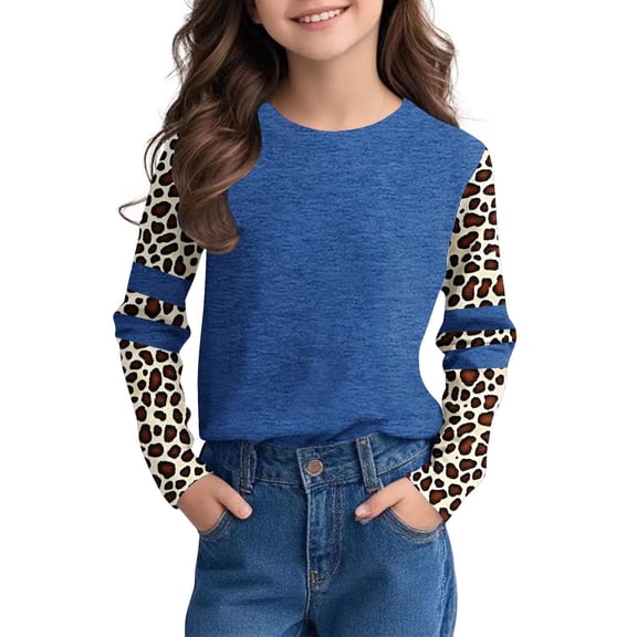 BRGZLK Kids Fall T-Shirts Cute Leopard Print Raglan Long Sleeve Tee Loose Round Neck Pullover Base Tops Blue 7-8 Years