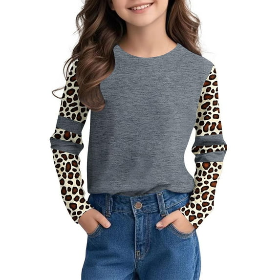 BRGZLK Kids Fall T-Shirts Cute Leopard Print Raglan Long Sleeve Tee Loose Round Neck Pullover Base Tops Gray 4-5 Years