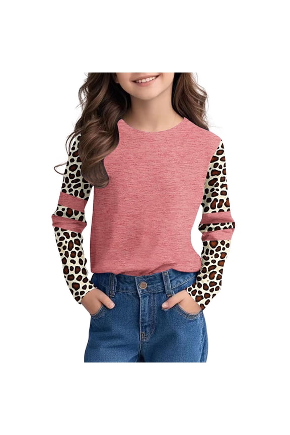 Kids Fall T-Shirts Cute Leopard Print Raglan Long Sleeve Tee Loose Round Neck Pullover Base Tops Pink 7-8 Years