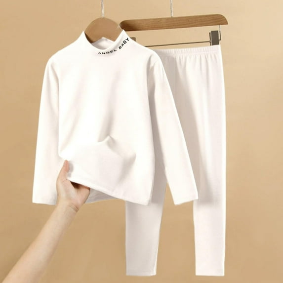 BRGZLK Kids Fall Winter Thermal Underwear Set Boys Girls Trendy Letter Print Turtle Neck Double-Sided German velour Soft Comfortable Base Layer Clothes and Pants White 9-10 Years