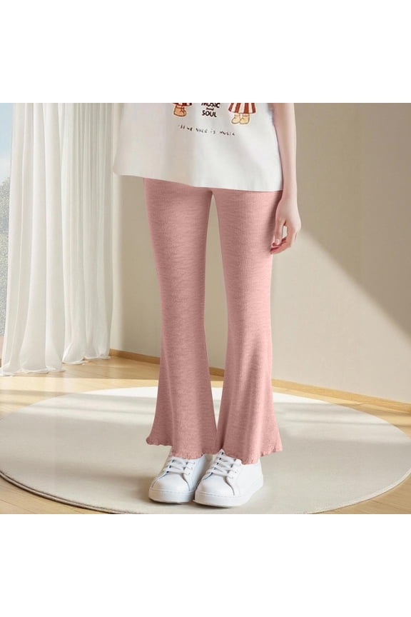 Kids Fleece Lined Flare Leggings Pants Boys Girls Fashion Solid Slim Elastic High Waisted Warm Thickened Outdoor Bootcut Pants Pink 4-5 Years