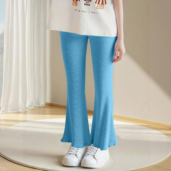 BRGZLK Kids Fleece Lined Flare Leggings Pants Boys Girls Fashion Solid Slim Elastic High Waisted Warm Thickened Outdoor Bootcut Pants Sky Blue 6-7 Years