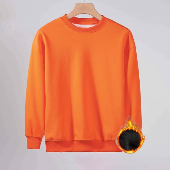 BRGZLK Kids Fleece Round Neck Sweatshirt Boys Girls Fall Winter Trendy Solid Color Velvet Thickened Warm Pullover Loose Casual Long Sleeved Basic Top Orange 13-14 Years