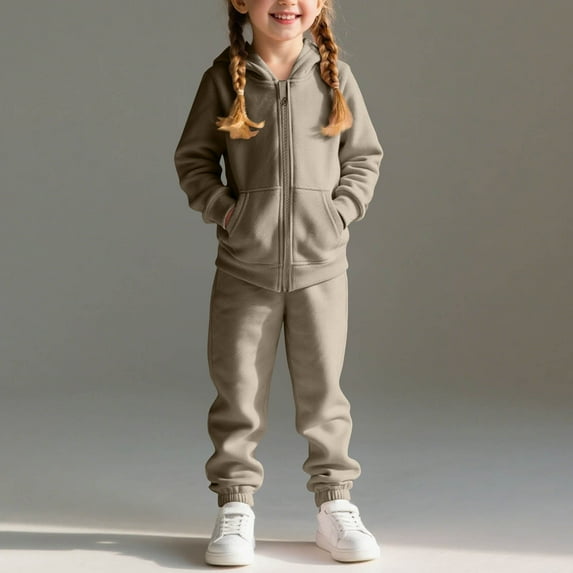 BRGZLK Kids Full-Zip Sweatsuit Set Boys Girls Fall Winter Trendy Solid Color Fleece Sports Hooded Tops and Athletic Jogger Pants Two-Piece Set With Pockets Coffee 9-10 Years