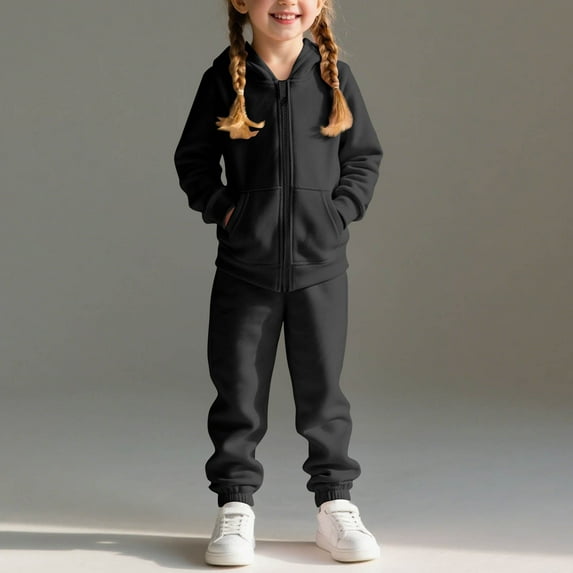 BRGZLK Kids Full-Zip Sweatsuit Set Boys Girls Fall Winter Trendy Solid Color Fleece Sports Hooded Tops and Athletic Jogger Pants Two-Piece Set With Pockets Dark Gray 1-2 Years