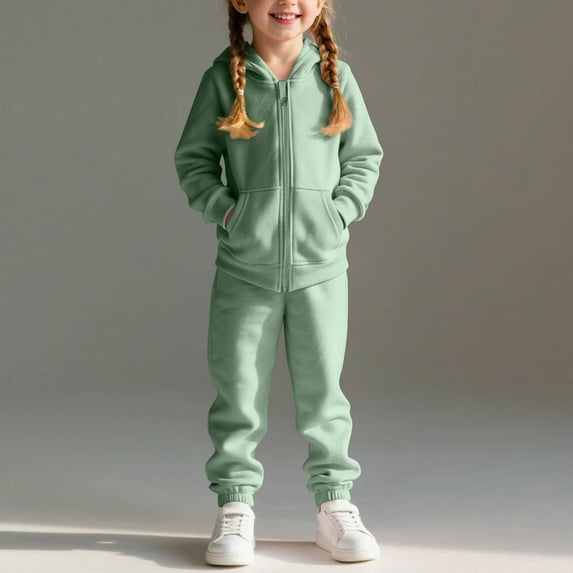 BRGZLK Kids Full-Zip Sweatsuit Set Boys Girls Fall Winter Trendy Solid Color Fleece Sports Hooded Tops and Athletic Jogger Pants Two-Piece Set With Pockets Green 3-4 Years