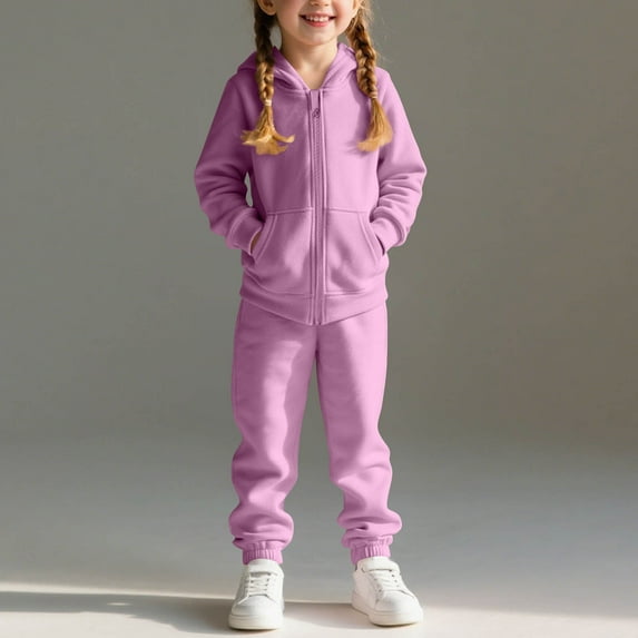 BRGZLK Kids Full-Zip Sweatsuit Set Boys Girls Fall Winter Trendy Solid Color Fleece Sports Hooded Tops and Athletic Jogger Pants Two-Piece Set With Pockets Purple 7-8 Years