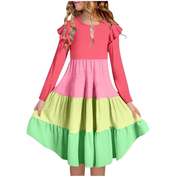 BRGZLK Kids Girl's Midi Sundress Casual Color Block Round Neck Long Sleeve Flutter Sleeve Three-Tier Layered Tiered A-Line Knee Length Dress Summer Clothes Green 11-12 Years