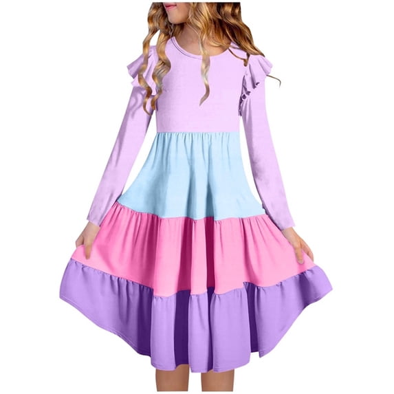 BRGZLK Kids Girl's Midi Sundress Casual Color Block Round Neck Long Sleeve Flutter Sleeve Three-Tier Layered Tiered A-Line Knee Length Dress Summer Clothes Purple 9-10 Years