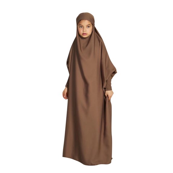 BRGZLK Kids Girl's Muslim One Piece Prayer Hijab Dress Middle Eastern Muslim Ramadan Solid Color Patchwork Dress Bat Sleeve with Hood African Turkey Caftan Coffee 10-11 Years