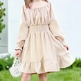 thumbnail image 1 of BRGZLK Kids Girl's Spring Summer Dresses Solid Color Square Neck Flared Long Sleeve Ruffle Hem Full Skirt Dress Elastic Waist A-Line Mini Dresses Beige 6-7 Years, 1 of 5