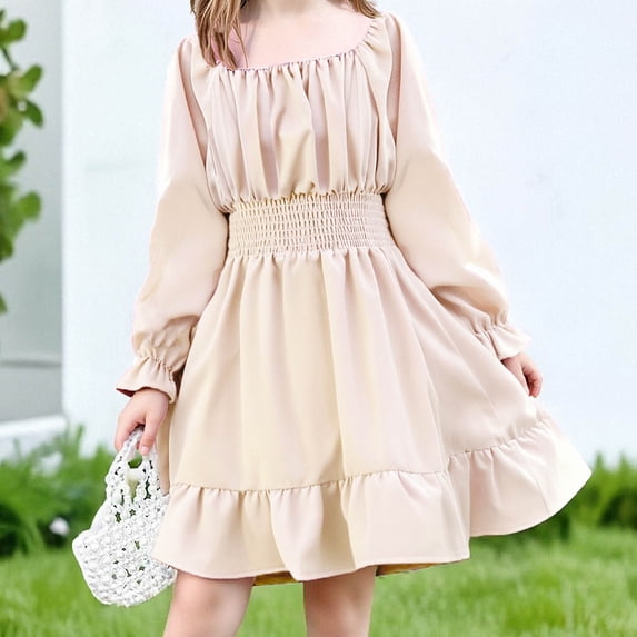 BRGZLK Kids Girl's Spring Summer Dresses Solid Color Square Neck Flared Long Sleeve Ruffle Hem Full Skirt Dress Elastic Waist A-Line Mini Dresses Beige 6-7 Years