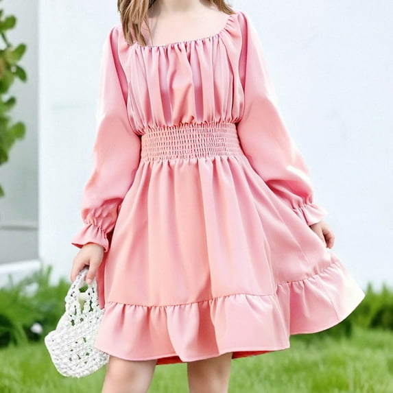 BRGZLK Kids Girl's Spring Summer Dresses Solid Color Square Neck Flared Long Sleeve Ruffle Hem Full Skirt Dress Elastic Waist A-Line Mini Dresses Pink 8-9 Years