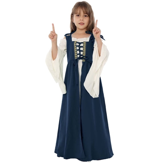 BRGZLK Kids Girls 2Pcs Medieval Renaissance Costume Vintage Long Sleeve Square Collar Dress Vest Halloween Outfit with Lace-Up Blue 7-8 Years