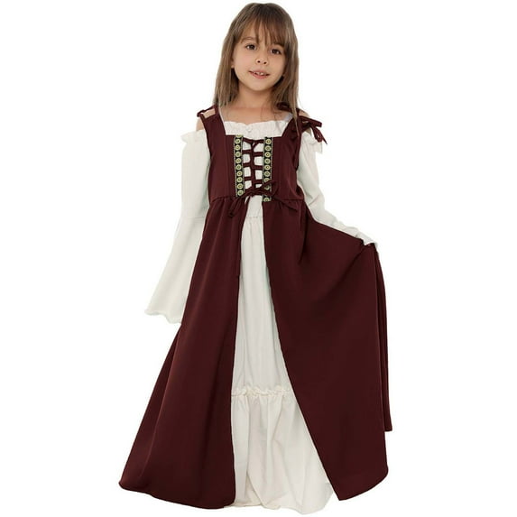 BRGZLK Kids Girls 2Pcs Medieval Renaissance Costume Vintage Long Sleeve Square Collar Dress Vest Halloween Cosplay Outfit with Lace-Up Red 4-5 Years