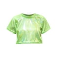 thumbnail image 1 of BRGZLK Kids Girls Boys Shiny Tops Summer Solid Color Short Sleeve Girl Neon Exposed Waist Elastic Top Trendy Hip Hop Dance Performance Costumes Green 15-16 Years, 1 of 2