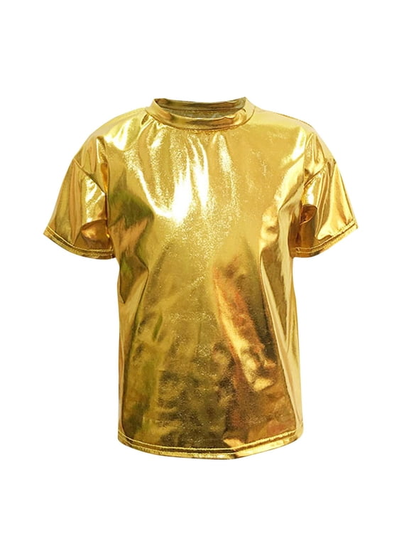 Kids Girls Boys Shiny Tops Summer Solid Color Short Sleeve Loose T-Shirt Girl Neon Trendy Jazz Hip Hop Performance Costumes Concert Outfits Gold 11-12 Years