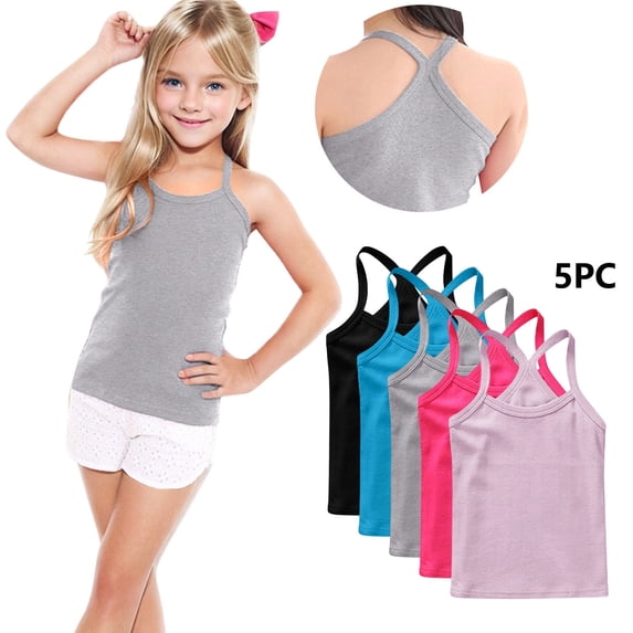 BRGZLK Kids Girls Camisole Tank Tops 5 Pack Spaghetti Strap Halter Y-Back Dance Tank Tops Summer Casual Solid Color Soft Comfort Breathable Cami Vest Pink 4-5 Years
