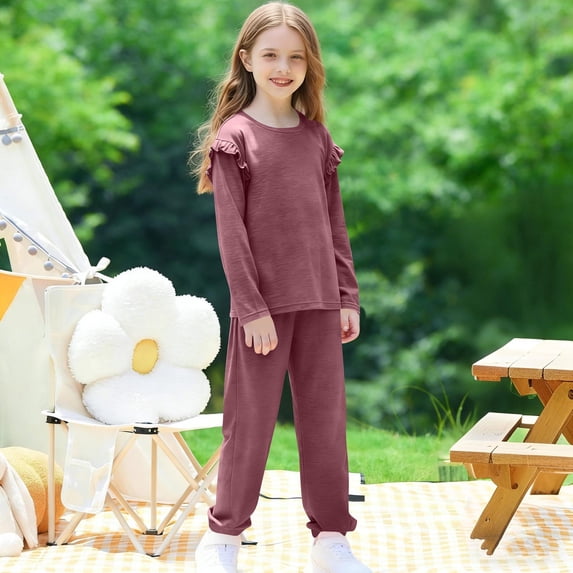 BRGZLK Kids Girls Clothes Stylish Lightweight Solid Color Round Neck Ruffled Sleeve Long Sleeve Tops and Elastic Waist Long Pants with Pockets Loungewear 2 Piece Outfits Wine 10-11 Years