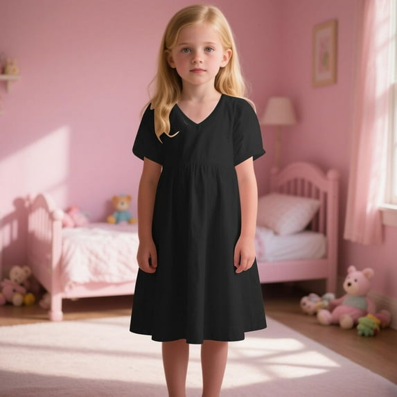 BRGZLK Kids Girls Dresses Summer New Trendy Solid Color V-Neck Short Sleeve Casual Midi Dress for Everyday Black 9-10 Years