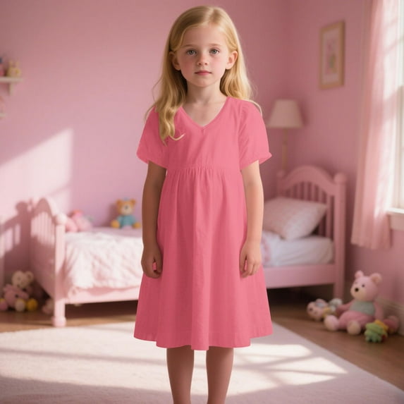 BRGZLK Kids Girls Dresses Summer New Trendy Solid Color V-Neck Short Sleeve Casual Midi Dress for Everyday Watermelon Red 7-8 Years