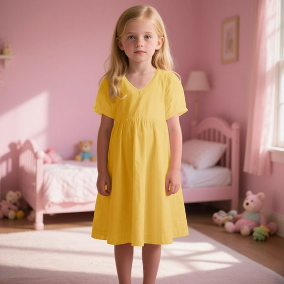 BRGZLK Kids Girls Dresses Summer New Trendy Solid Color V-Neck Short Sleeve Casual Midi Dress for Everyday Yellow 9-10 Years