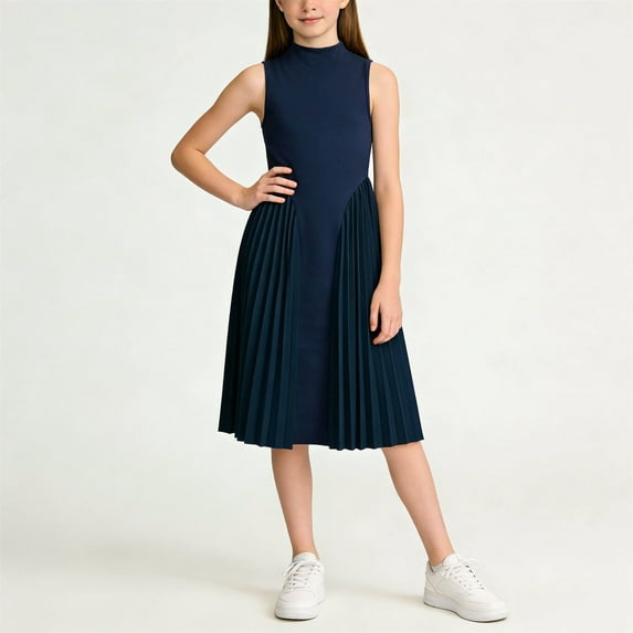 BRGZLK Kids Girls Dresses Summer Novel Trendy Solid Color Round Neck High Waist Sleeveless Casual Comfortable Tight Dress Party Evening Gowns Navy 9-10 Years